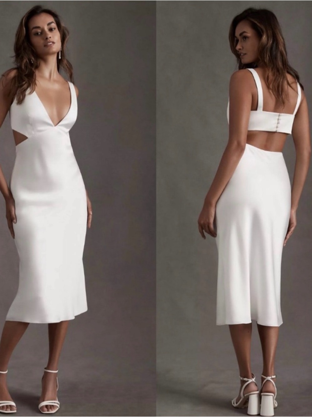 Sachin + Babi Sierra V Neck Cutout Satin Midi Dress Open Back White Bridal